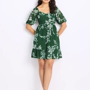 Green floral puff sleeve short dress